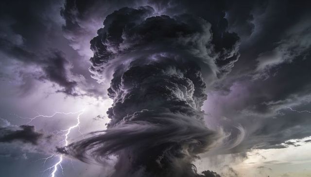 Rotating Supercell Storm Towering Over Plains with Lightning and Twisting Wall Cloud