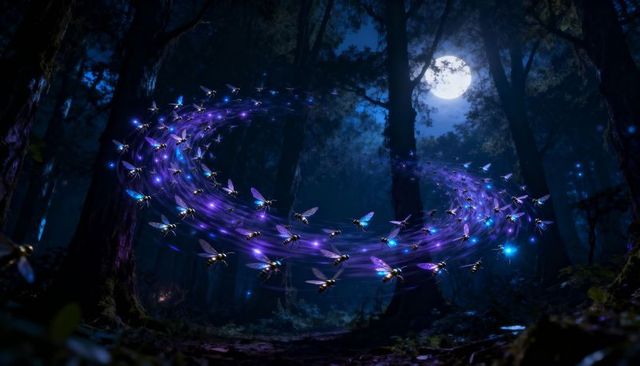 Bioluminescent insects forming spiraling purple-blue light ribbon in moonlit forest