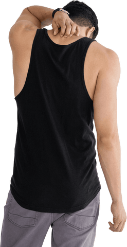 Rear View of Man Stretching Neck in Black Tank Top Transparent Background