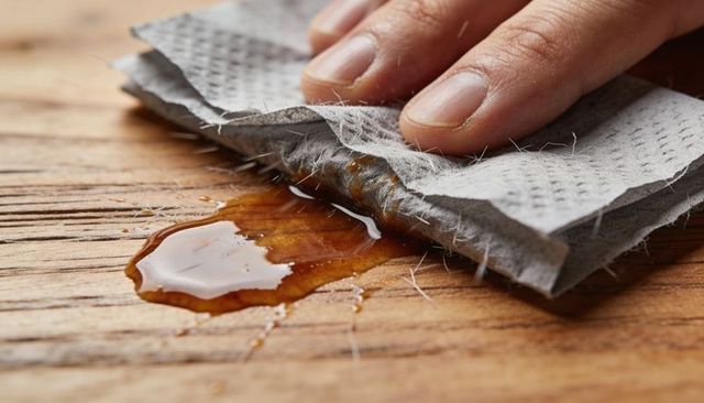 Hand blotting amber liquid spill on wooden tabletop with folded gray absorbent paper towel