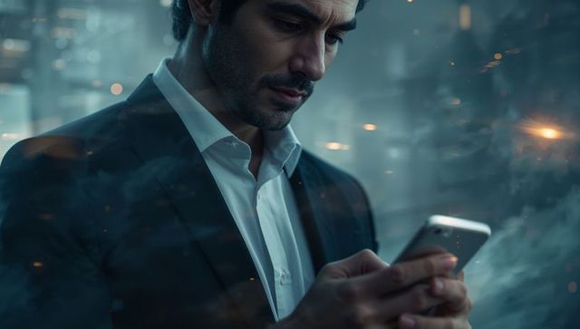 Modern Executive Checking Smartphone in Futuristic Corporate Setting