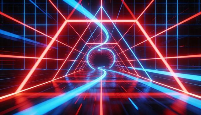 Glowing Neon Corridor Leading Through Futuristic Hexagonal Grid Toward Circular Portal