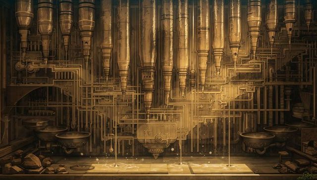 Dripping brass funnel array over intricate industrial pipe matrix