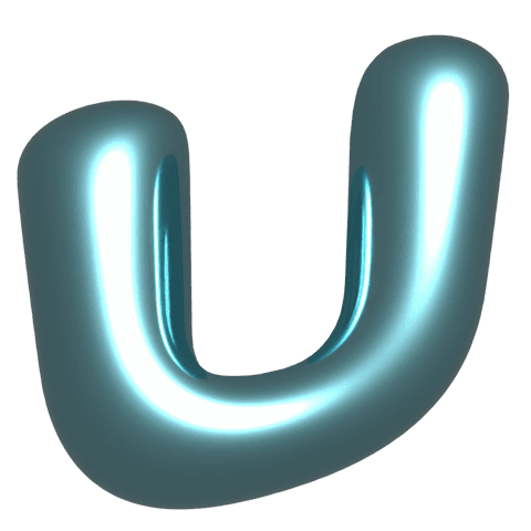 Transparent glossy u-shaped 3d sculpture with metallic cyan reflection and rim glow