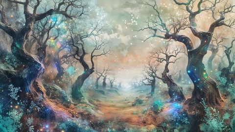 Enchanted misty forest with twisted trees and glowing orbs