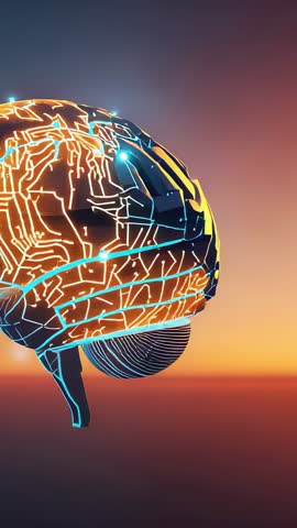 Orbiting 3D Brain Showing Glowing Neural Circuits Against Dusk Sky