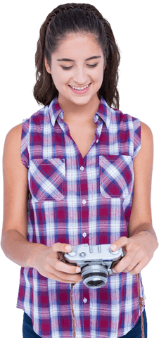 Smiling Young Woman Holding Camera on Transparent Background