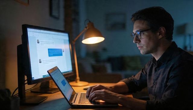 Man working late in home office with laptop and monitor, desk lamp creating focused workspace