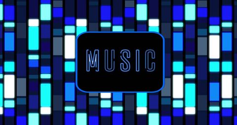 Neon music text with blue glowing rectangles background