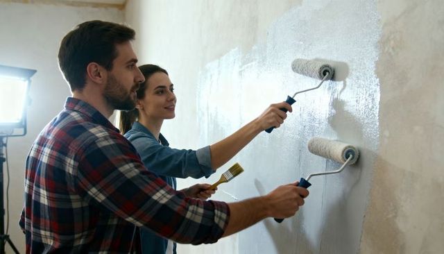 Young couple painting interior wall during home renovation with rollers and brush