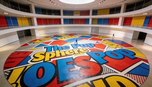 Walking visitors crossing giant pop art sphere mural in circular multilevel museum atrium