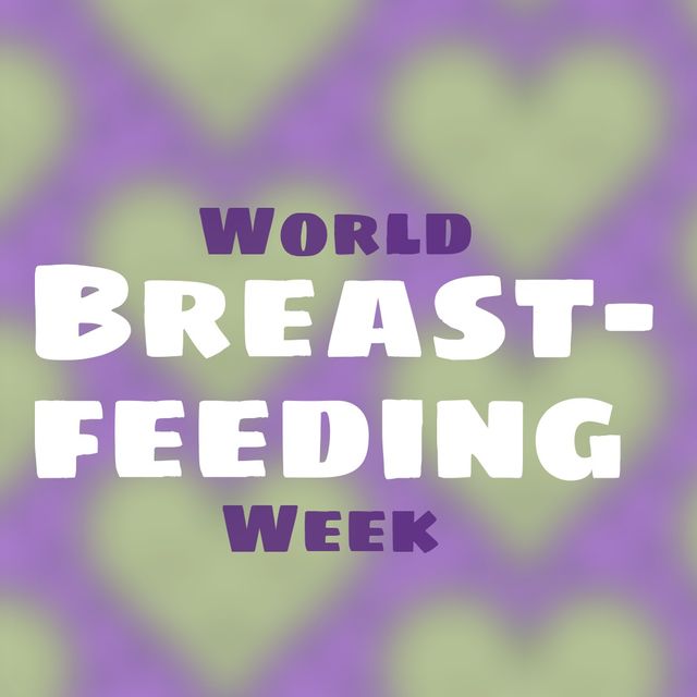 Composition of breastfeeding week text over green hearts on purple background. Breastfeeding week and celebration concept digitally generated image.