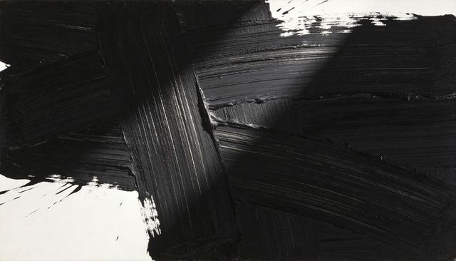 Sweeping black impasto strokes overlapping on white canvas minimalist abstract art