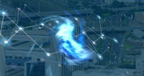 conceptual depiction of digital connectivity over an urban environment intertwined with a vast network. blue energy swirling effect adds a futuristic dimension. useful for illustrating topics related to smart cities, digital transformation, or global connectivity in urban planning.