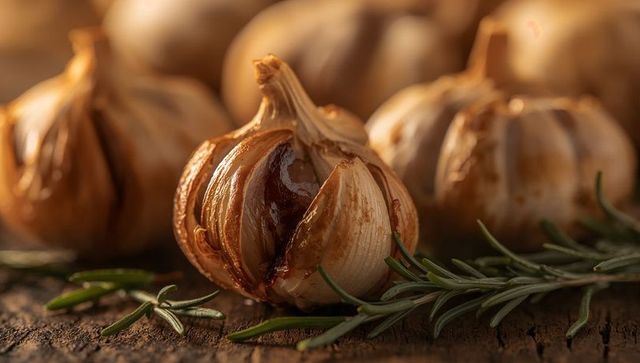 Glowing roasted garlic bulb revealing caramelized cloves with fresh rosemary
