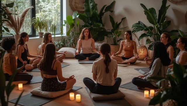 Instructor leading group meditation circle in plant-filled studio with candles and cushions