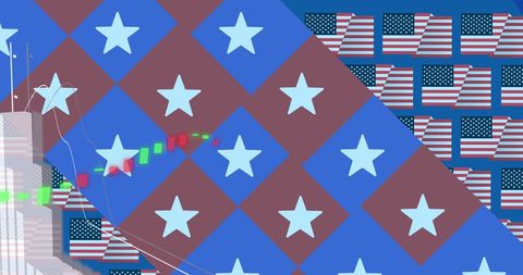 This abstract composition features financial trading charts overlaid with U.S. flags and stars, melding the ideas of American finance, economy, and patriotism. Ideal for illustrating topics related to U.S. economic analysis, financial forecasting, or investment strategies, as well as showcasing American market trends.