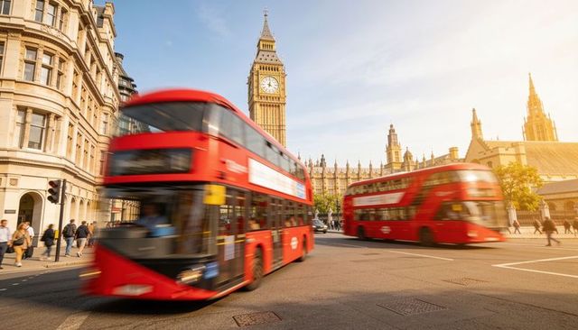 Red double-decker buses speeding past elizabeth tower on sunny westminster street