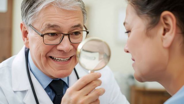 Doctor holding magnifying glass in medical examination