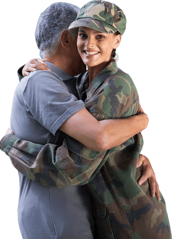 Female soldier embracing father on transparent background