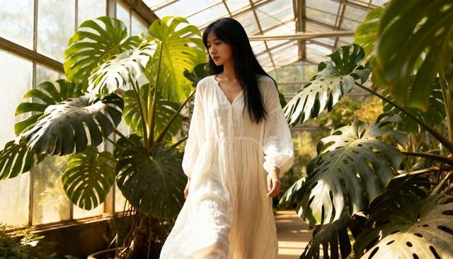 Sunlit conservatory scene of asian woman walking in white dress among monstera foliage