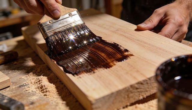 Applying dark wood stain with brush on pine plank close-up showing hands and grain