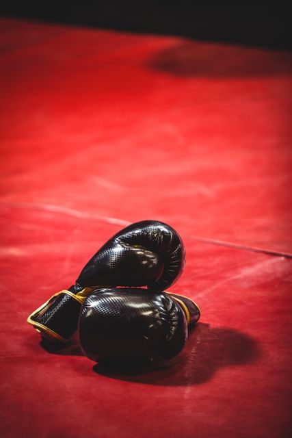 Black boxing gloves resting on a red surface, ideal for use in sports and fitness-related content. Perfect for illustrating themes of boxing, training, and combat sports. Suitable for gym advertisements, fitness blogs, and promotional materials for martial arts events.