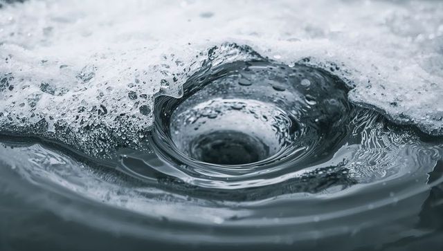 Swirling ice-edge vortex forming in frosty pond with rippled slushy foam