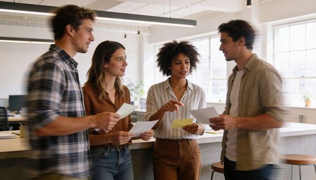 Creative team reviewing color swatches and notes around counter in modern office