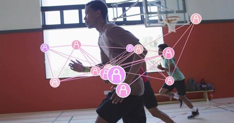 Youth athletes sprinting in indoor gym with network overlay illustrating team connectivity and condi