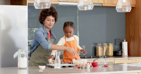 Mother and Daughter Baking in Modern Kitchen Bonding Over Baking