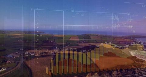 3D Data Overlaying Coastal Aerial View with Transparent Bar Charts and Gridlines