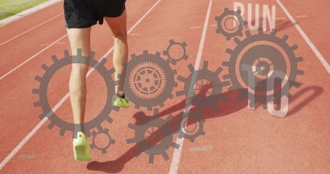 Male runner sprinting on red track with gear overlay conveying speed and motion