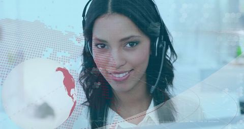 Smiling customer service representative with digital interface overlay