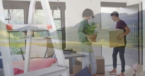 Two roommates unpacking new home, embracing minimalist lifestyle