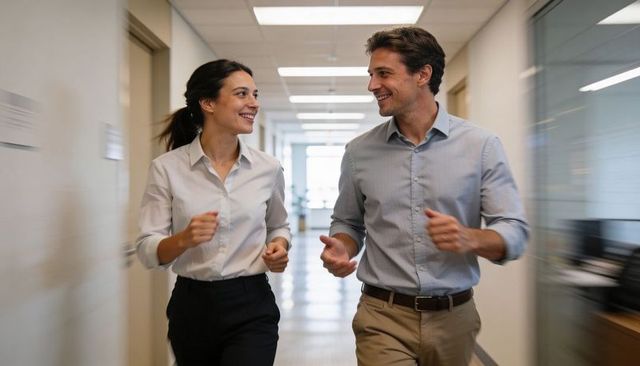 Colleagues walking and chatting in modern office corridor smiling business casual