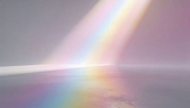 Shimmering pastel rainbow beam reflecting across calm water with low horizon and hazy sky