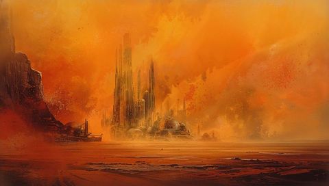 Rising Futuristic City with Spires and Domes on Arid Coastal Plain under Dramatic Orange Sky