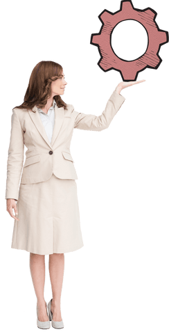 Businesswoman holding transparent gear symbol for innovation