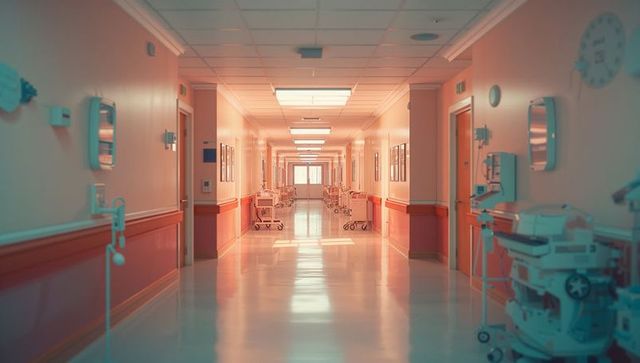 Bright Hospital Corridor with Gurneys Reflecting Sterile Ambiance