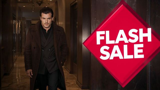 Elegant man in overcoat walking beside flash sale announcement sign