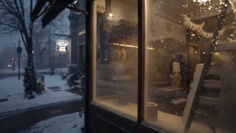 Camera moving toward frosted storefront window revealing warm holiday display amid snowfall