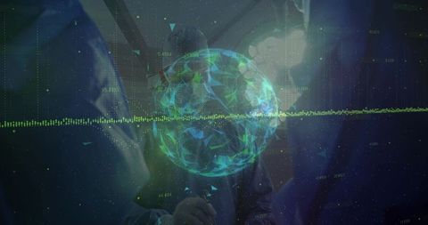 Businessman presenting holographic digital sphere on stage