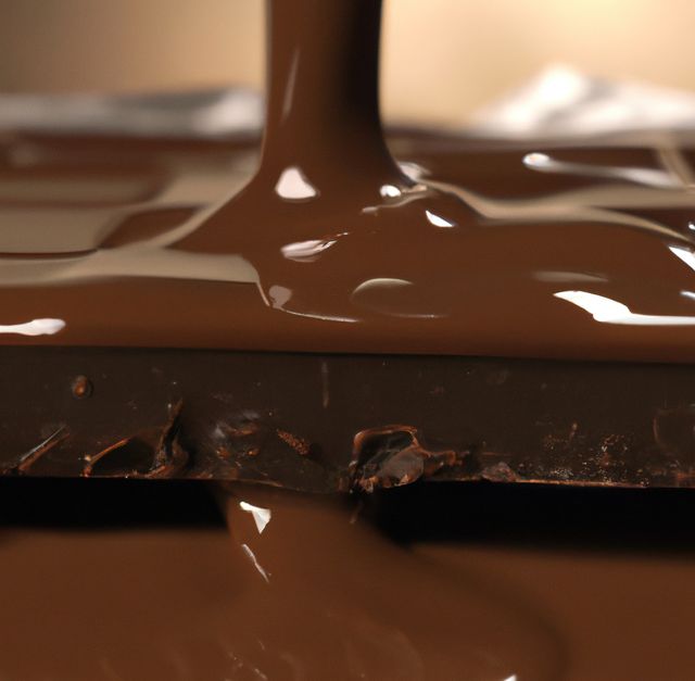 This image shows melted chocolate being poured over a dark chocolate bar, creating a rich and indulgent scene. It is perfect for promoting dessert recipes, gourmet cooking blogs, confectionery business advertisements, and any content emphasizing luxury and indulgence.