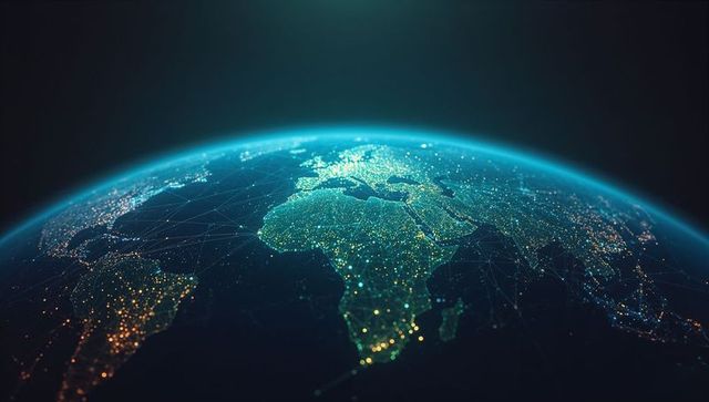 Digital earth with network connectivity featuring city lights and data links