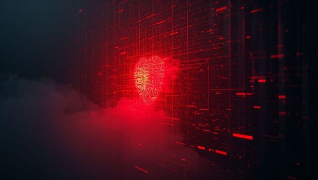 Futuristic red heart surrounded by cyber data streams