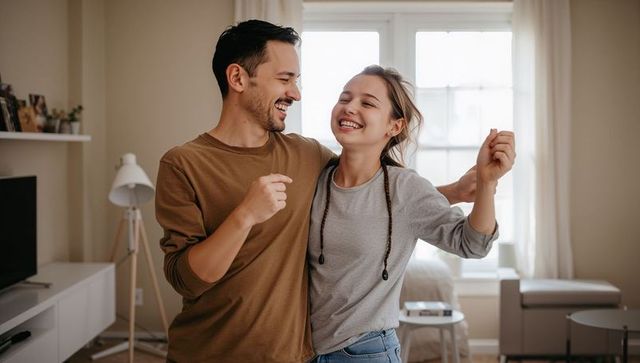 Young couple dancing in sunlit living room sharing joyful moment of affection and warmth