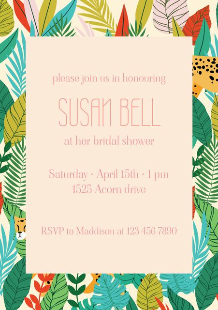 Tropical-themed bridal shower invitation featuring a vibrant floral border with leaves and patterns. Perfect for celebrating in style, inviting guests to a joyous bridal shower event. Ideal for use as a digital or printed invitation to set a festive tone for the special day and easily gather RSVPs.