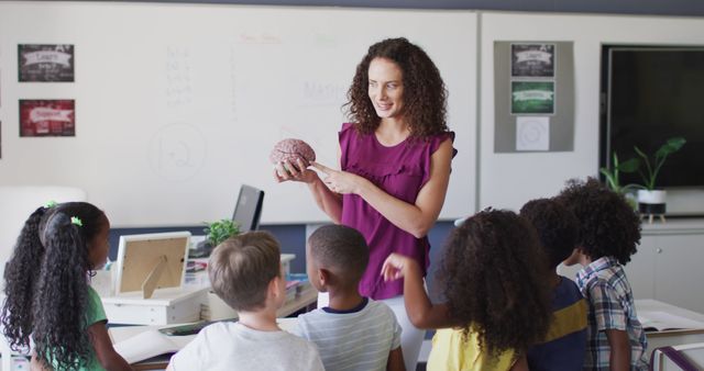 Image of happy caucasian female teacher and diverse school children studying biology in classroom - Download Free Stock Photos Pikwizard.com
