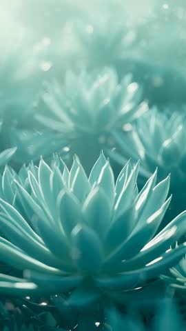 Vertical macro video shifting focus to dew-kissed succulent showing serene turquoise depth